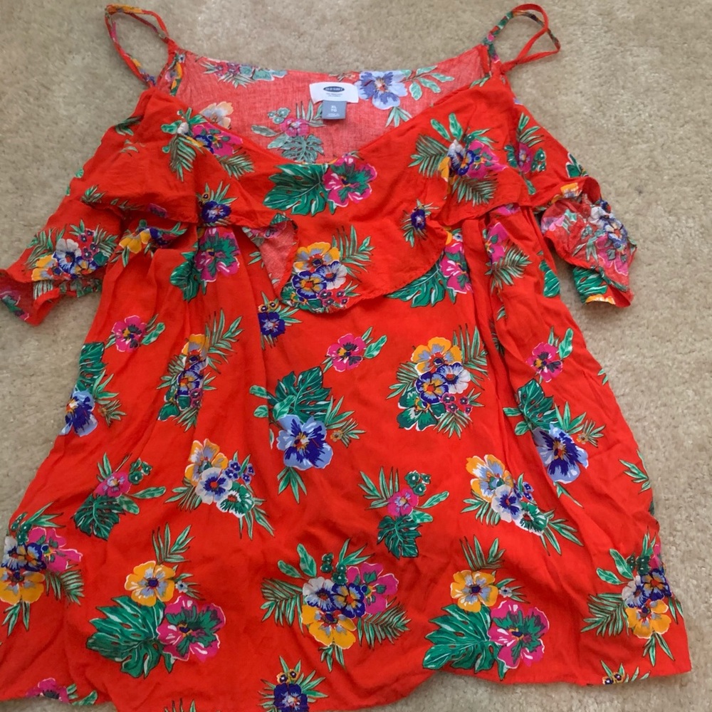 Red, tropical off the shoulder top
